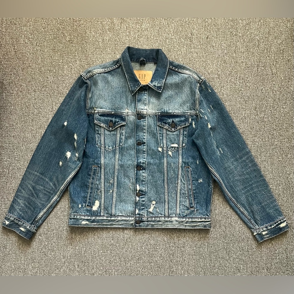 NWOT GAP 1969 Mens Denim Jacket Distressed Indigo Size XL